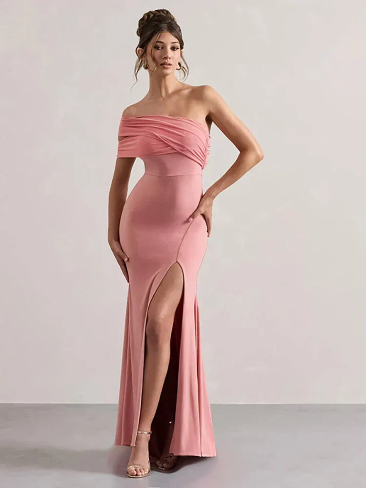 Off Shoulder Ruched Mesh Bodice High Split Mermaid Maxi Dress 7