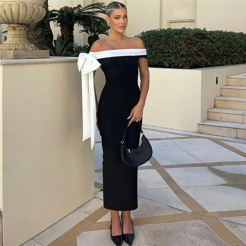 Contrast Trim Off Shoulder Bow Sash Bodycon Midi Dress 11