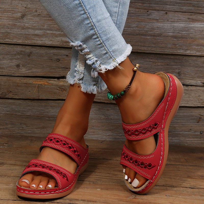 Peep Toe Cutout Double Band Wedge Slide Sandals