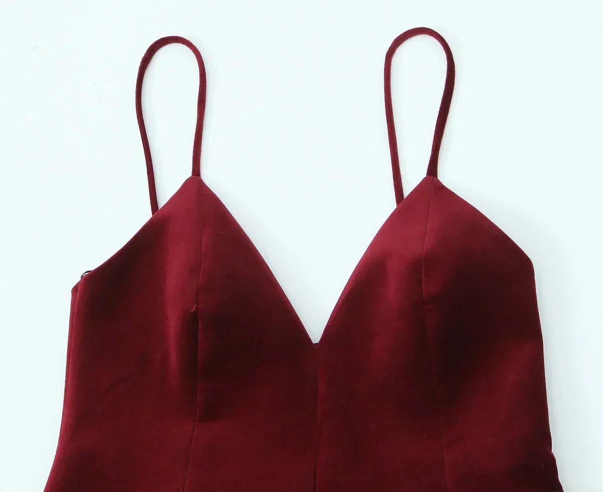 Velvet V-Neck Spaghetti Strap Fit and Flare Mini Dress 6