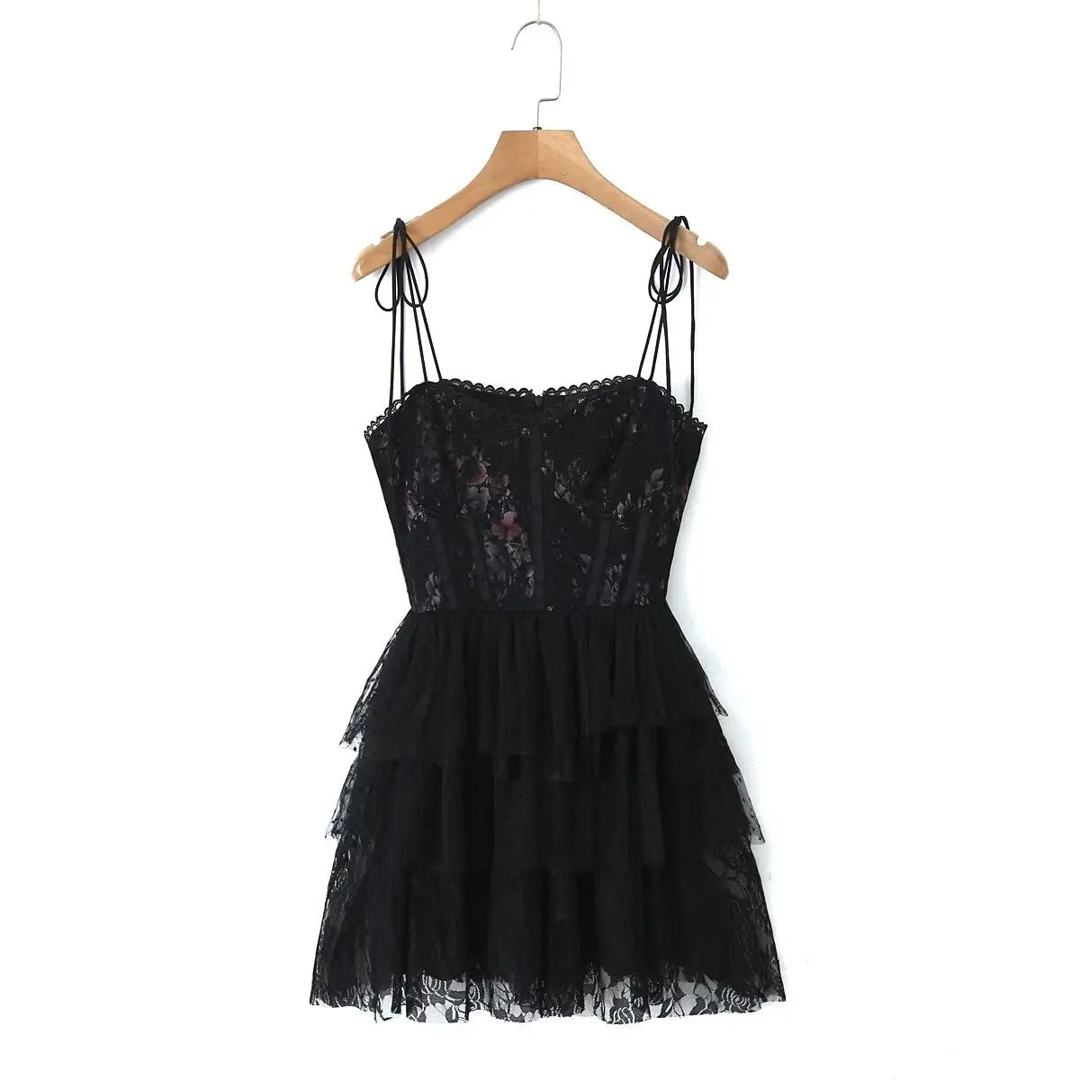 Lace Sweetheart Neck Tie Strap Corset Tiered Ruffle Mini Dress 4
