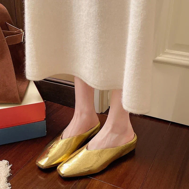 Metallic Square Toe Flat Mules