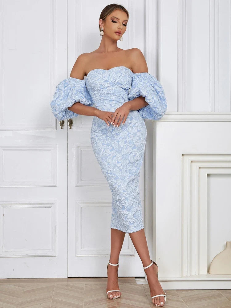Flower Print Sky Blue VNeck Bodycon Lace Dress