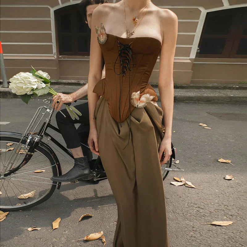 Sexy Women Butterfly Detail Strapless Long Dress Aesthetic Chic Detachable Corset Top Vintage Graceful Maxi Dresses