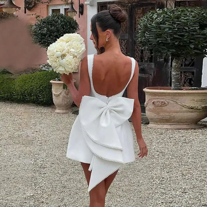 Pearl Bow Waist Wrap Backless Mini Dress 2