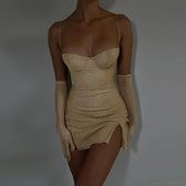 Glitter Party Club Fashion Outfits Spaghetti Strap Sexy Slit Dress