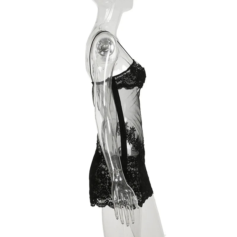 Sheer Mesh Floral Applique Halter Neck Lace Trim Mini Dress 7