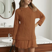 Cable Knit Ruffle Hem Long Sleeve Sweater Mini Dress 7