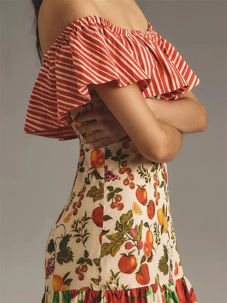 Slash Neck Ruffle Cocktail Floral Dress - View 6