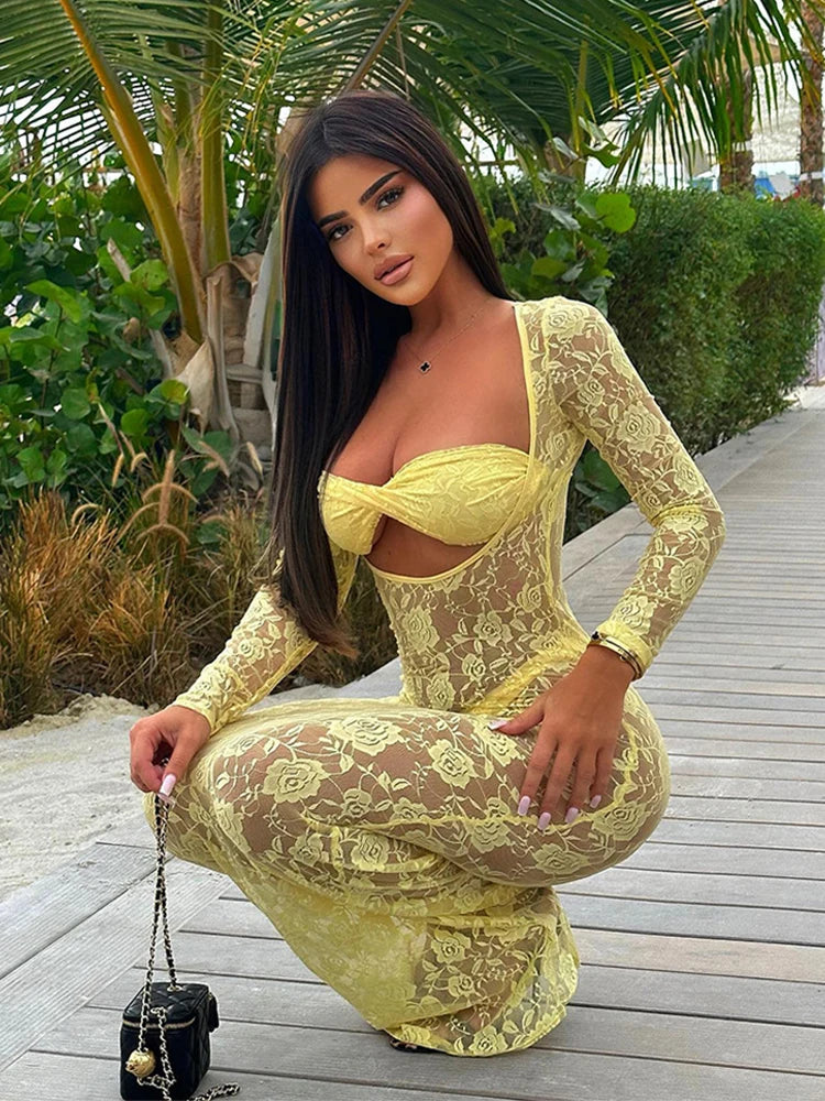 Sheer Floral Lace Long Sleeve Cut Out Twist Bust Bodycon Maxi Dress 3