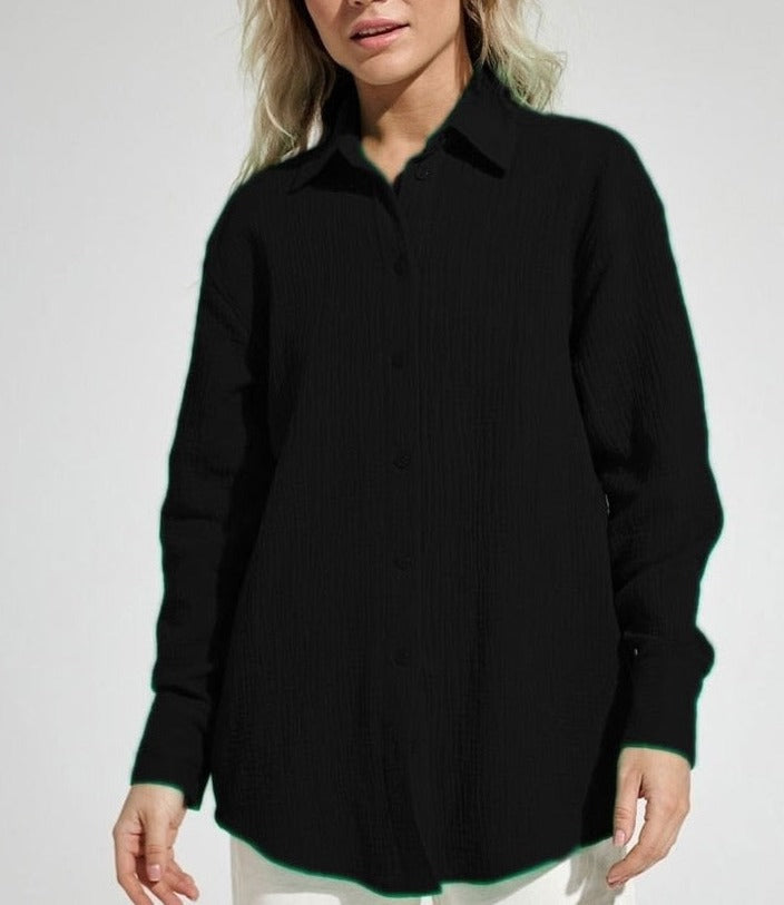Textured Gauze Collared Button Up Long Sleeve Oversized Shirt 6