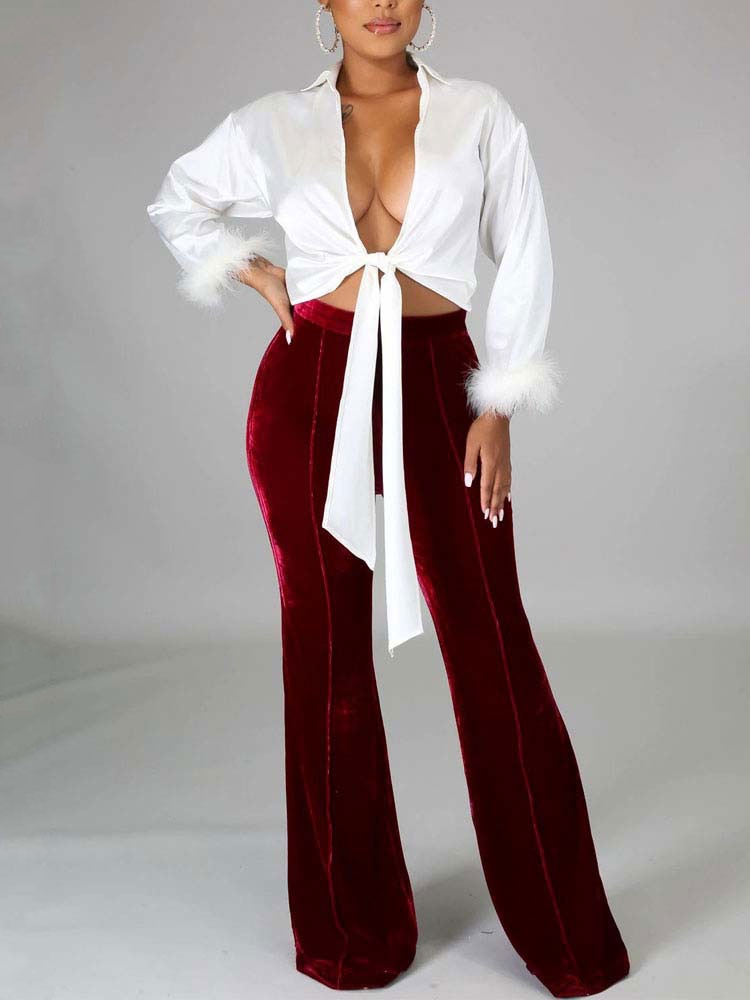 High Waist Velvet Front Seam Flare Leg Bell Bottom Pants 6