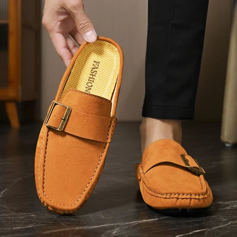 Suede-Look Buckle Backless Loafer Mules