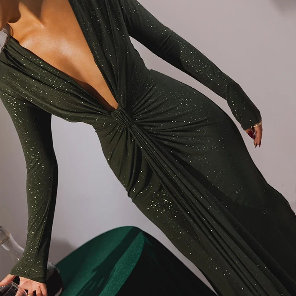 Glitter Deep V-Neck Long Sleeve Twist Front Ruched Maxi Dress 19