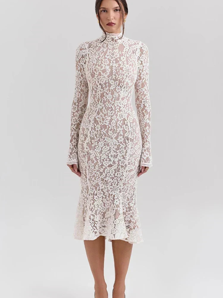 Lace High Neck Long Sleeve Mermaid Hem Bodycon Midi Dress 3