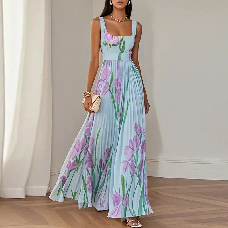 Floral Print Square Neck Pleated A-Line Maxi Dress