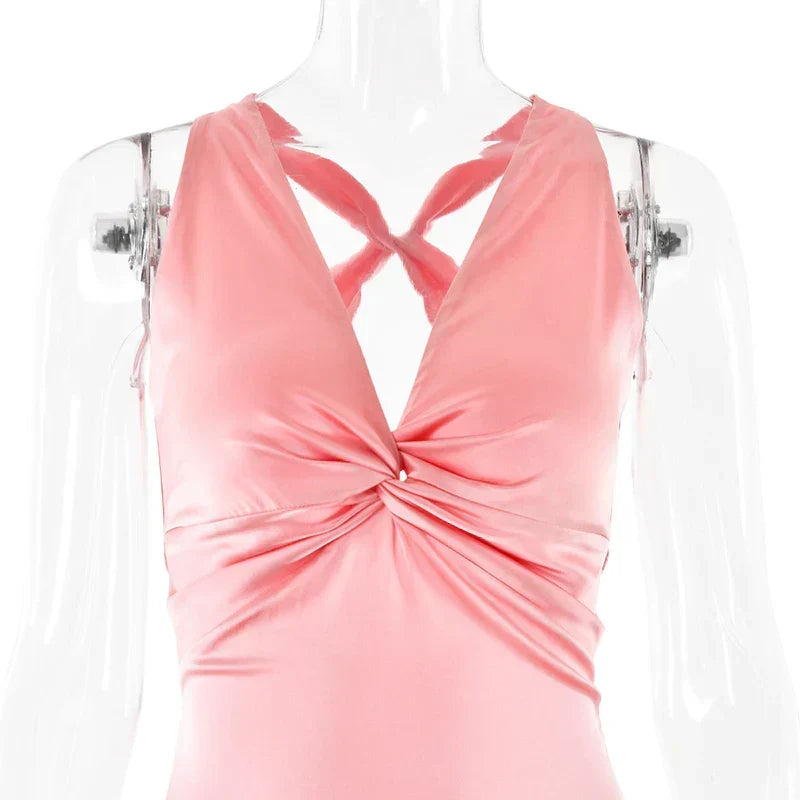 Satin Deep V-Neck Halter Twist Front Sleeveless Maxi Dress 10