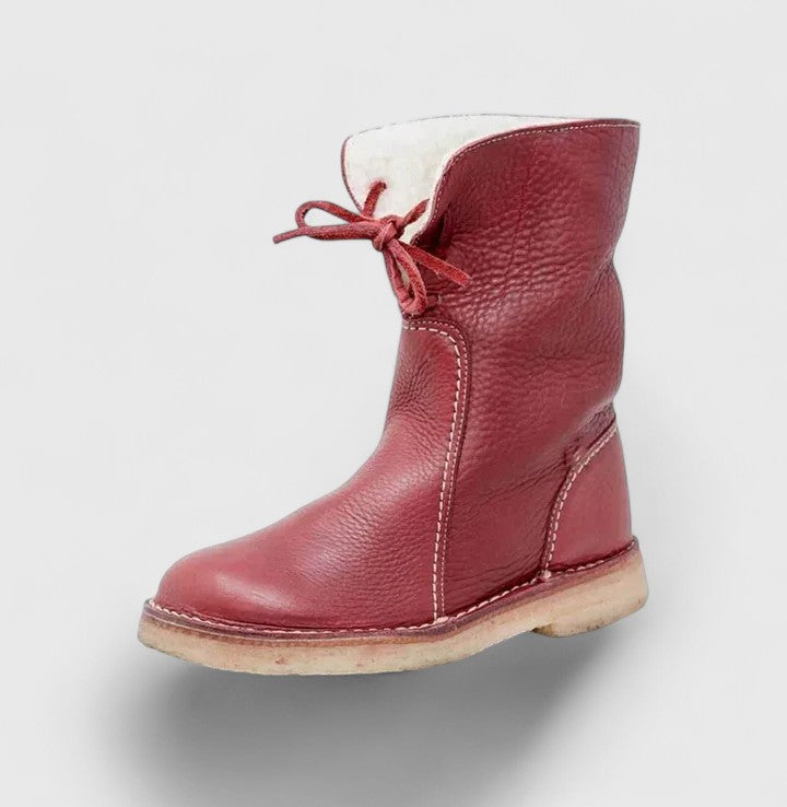 Fleece Cuff Lace Up Leather Ankle Boots