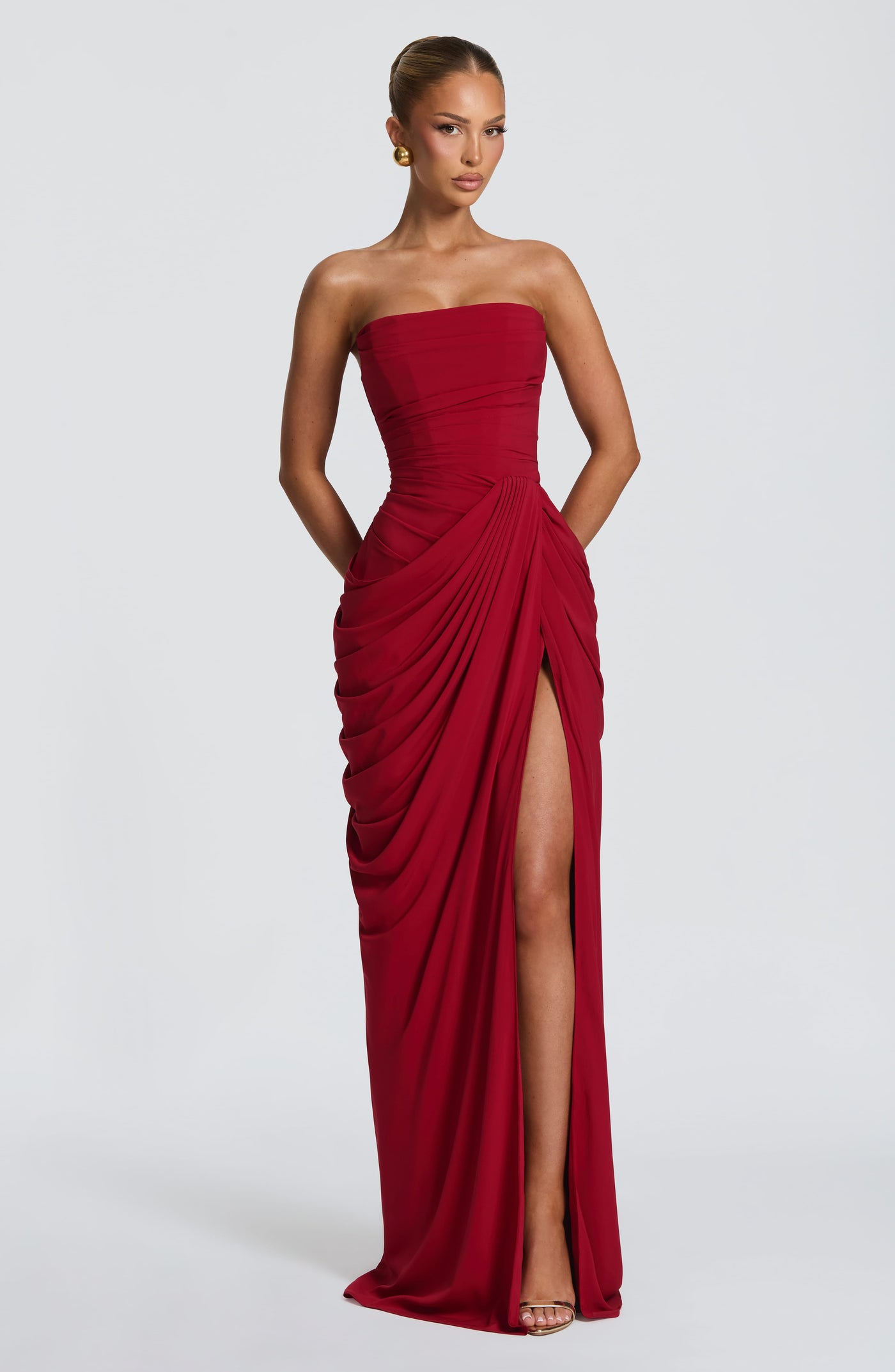 Strapless Ruched Draped High Split Maxi Gown