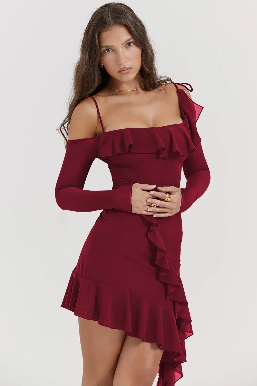 Cold Shoulder Long Sleeve Ruffle Trim Asymmetric Hem Bodycon Mini Dress 20