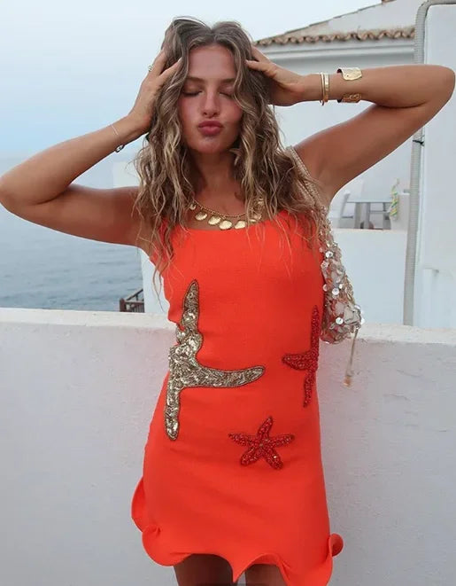 Sequin Starfish Square Neck Sleeveless Bodycon Mini Dress