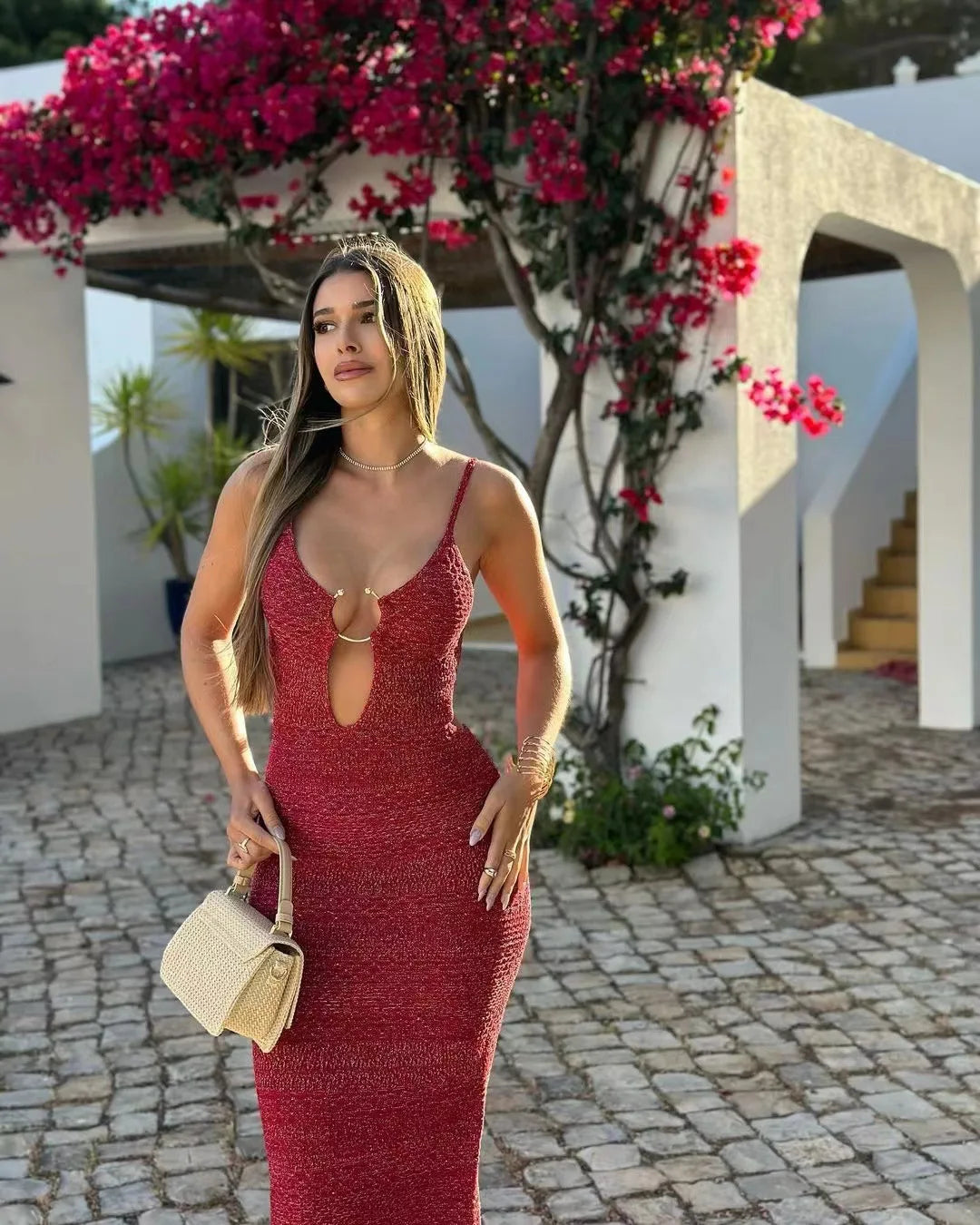 Metallic Knit V-Neck Ring Keyhole Cut Out Bodycon Midi Dress 12