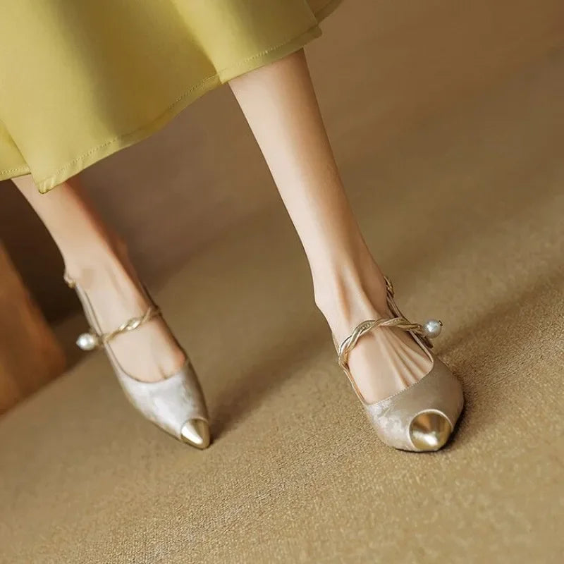 Pointed Cap Toe Pearl Slingback Kitten Heel Pumps