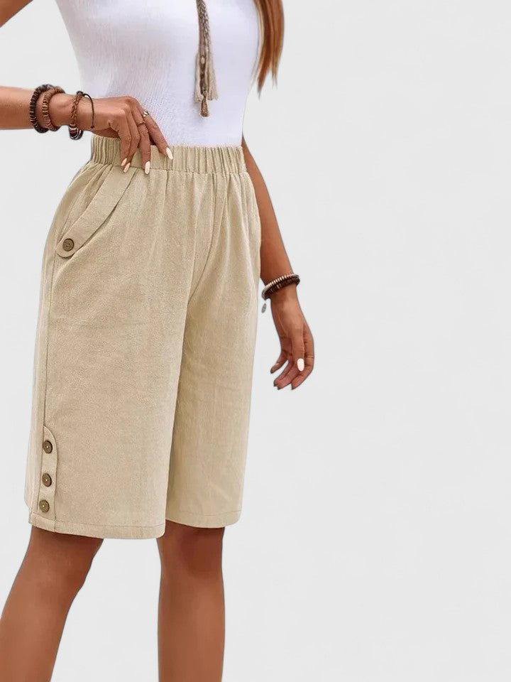 High Waist Side Button Knee Length Bermuda Shorts