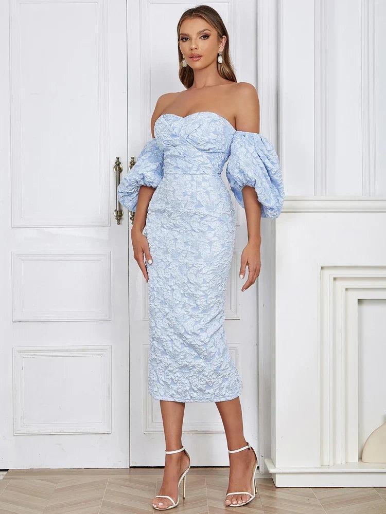 Floral Off Shoulder Puff Sleeve Bodycon Midi Dress