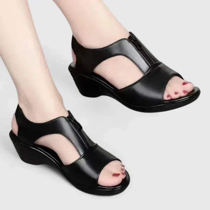 Open Toe T-Strap Zip Wedge Sandals
