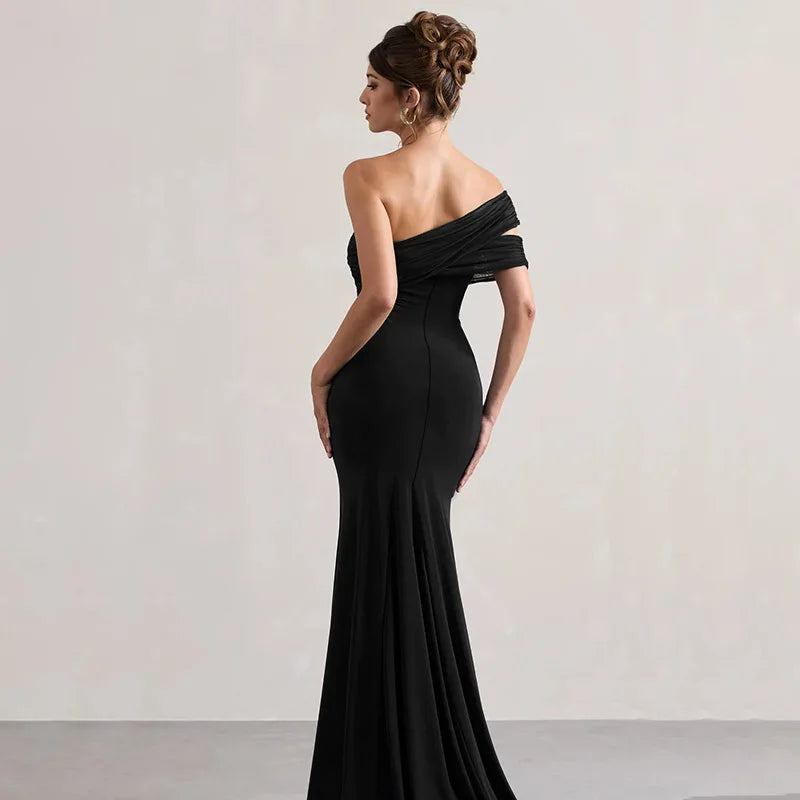 Off Shoulder Ruched Mesh Bodice High Split Mermaid Maxi Dress 12
