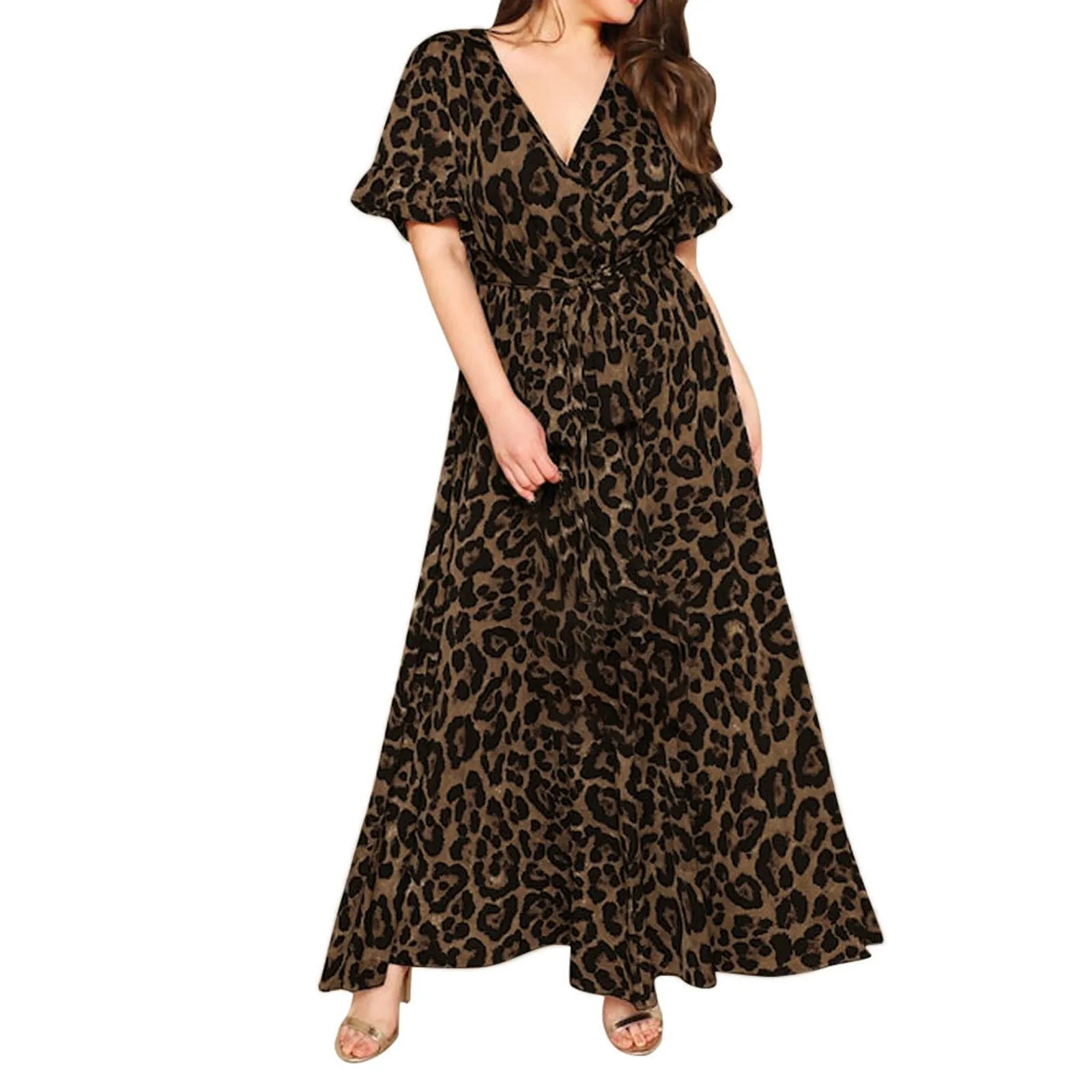 Leopard Deep V-Neck Short Sleeve Wrap A-Line Maxi Dress