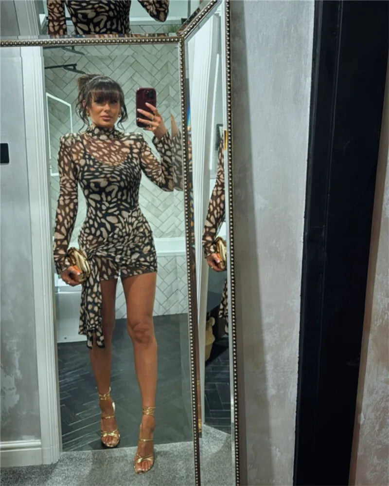 Leopard Print Sheer Mesh Mock Neck Long Sleeve Side Tie Mini Dress 12