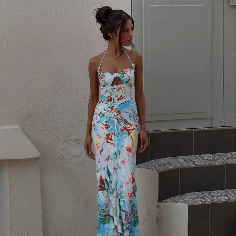 Hollow Out Slim Halter Maxi Long Summer Dress