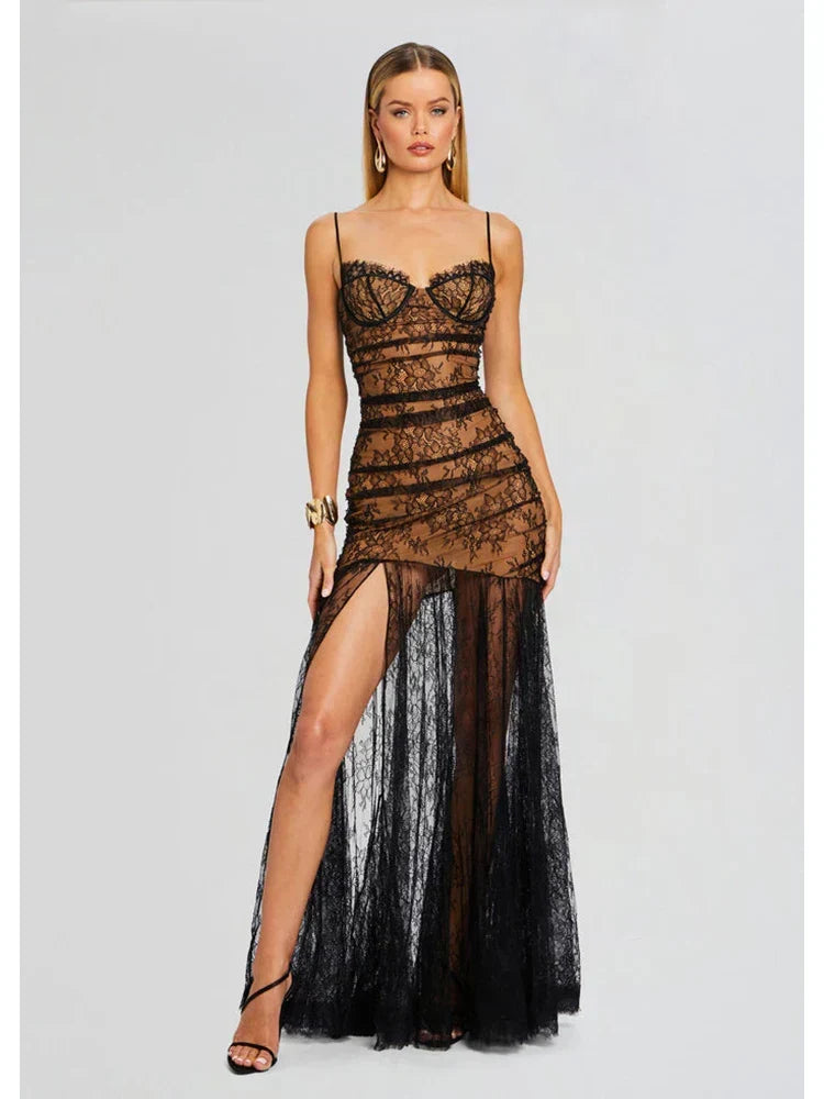 Sheer Lace Spaghetti Strap Ruched High Split Maxi Dress 2