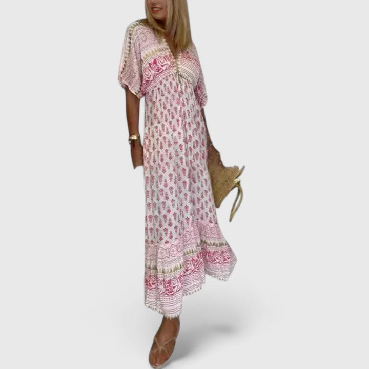 Boho Print Deep V-Neck Tie Front Flutter Sleeve Maxi Dress