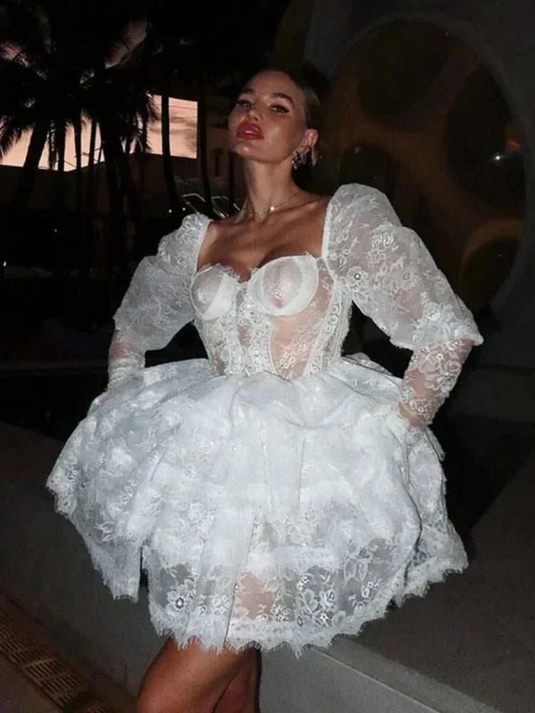 Lace Puff Sleeve Corset Bodice Layered Ruffle Mini Dress