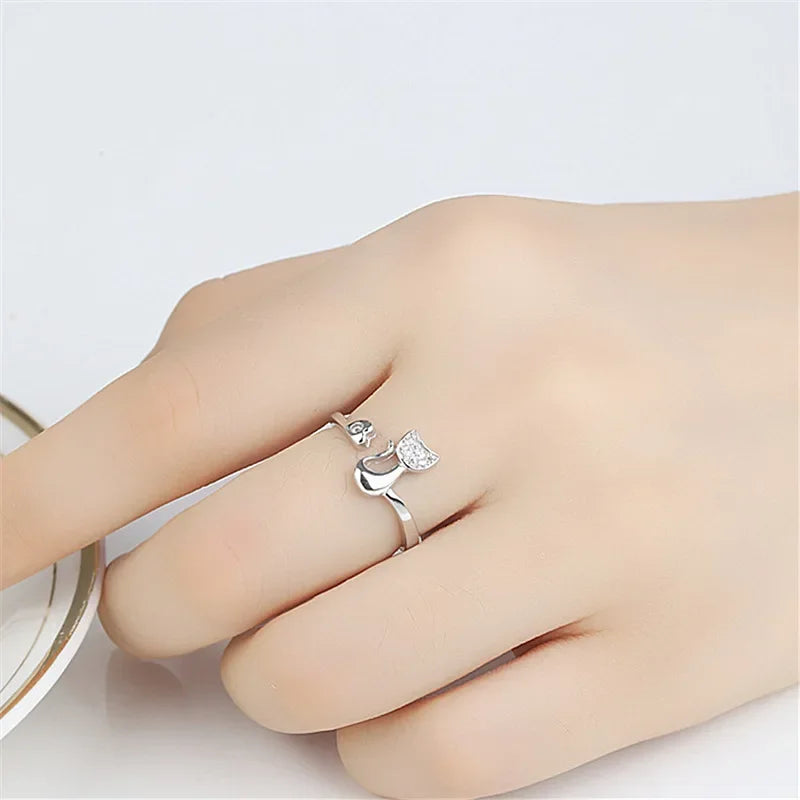 Cubic Zirconia Cat and Heart Adjustable Open Ring