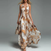Tropical Print Halter Neck Deep V-Neck Backless Maxi Dress 4