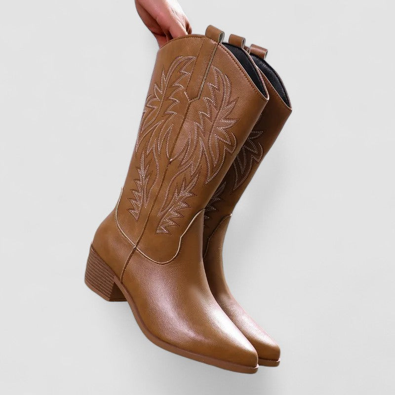 Embroidered Pointed Toe Block Heel Western Cowboy Boots