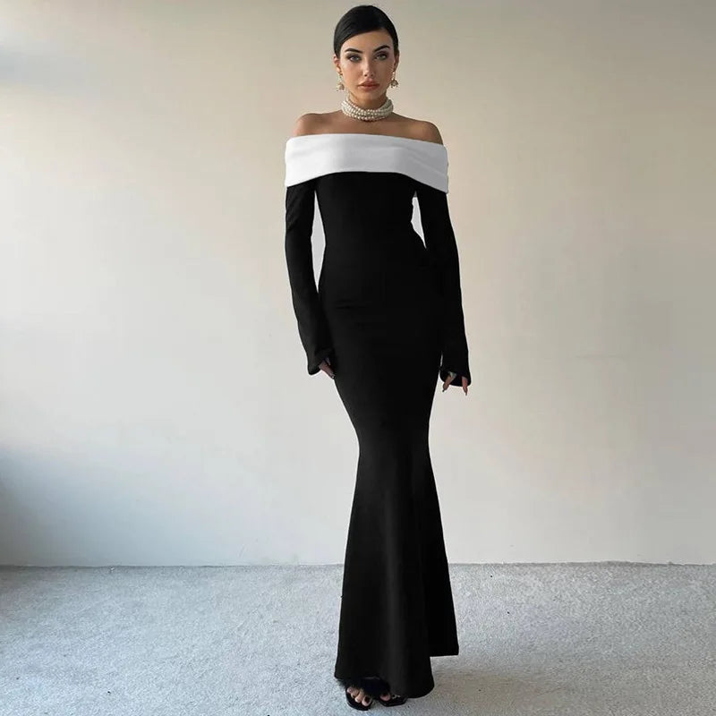 Black & White Off - the - Shoulder Maxi Dress with Long Sleeves