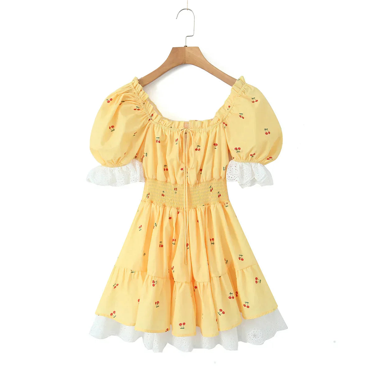 Print Puff Sleeve Ruffles Lace - up Mini Dress