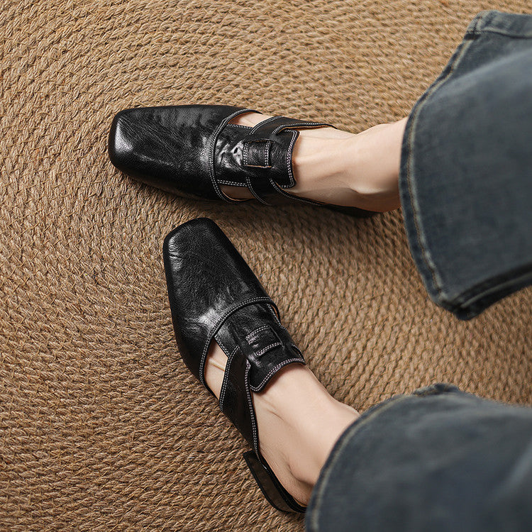Square Toe Cut Out Strap Block Heel Mules