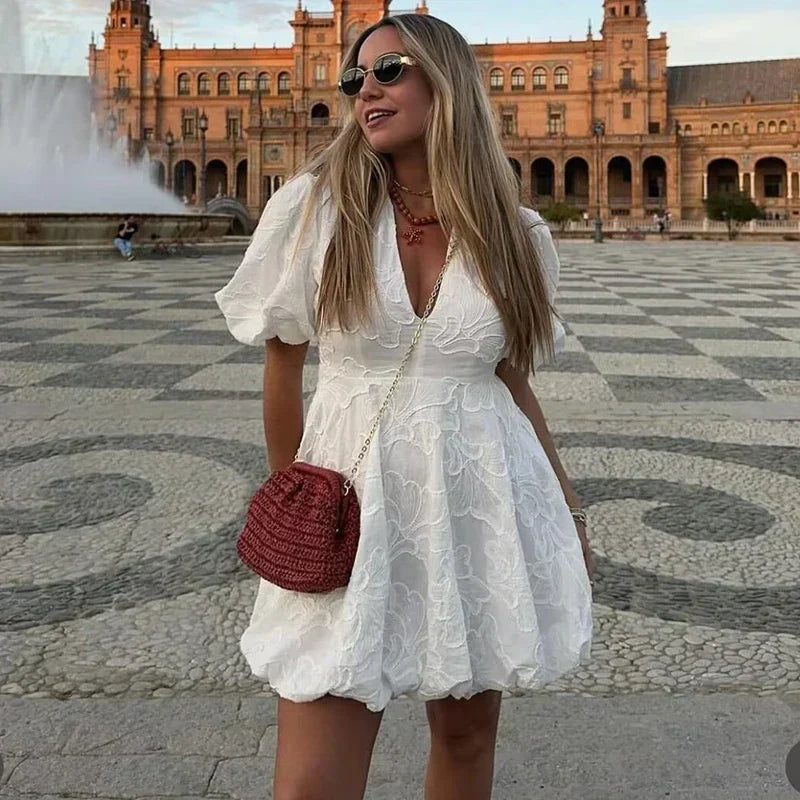 Claudia Minimalist White Mini Dress with Puff Sleeves Elevated Occasion Wear