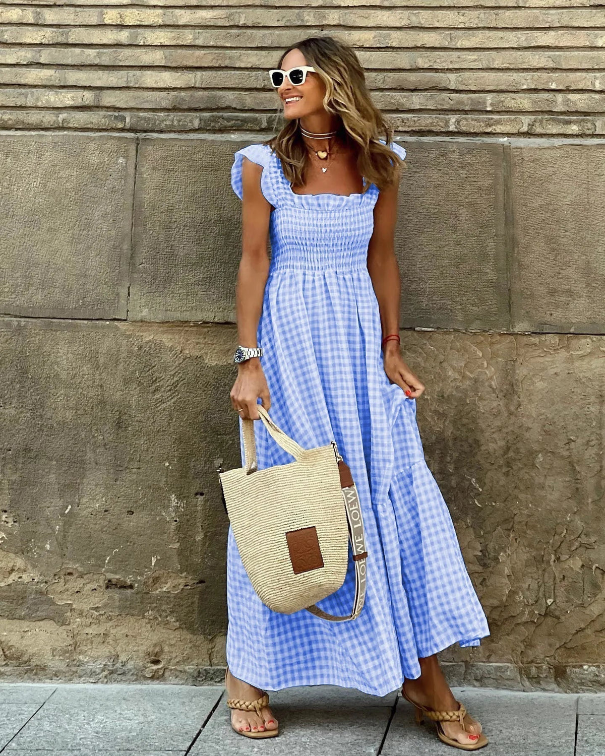 Gingham Square Neck Smocked Ruffle Strap Tiered Maxi Dress