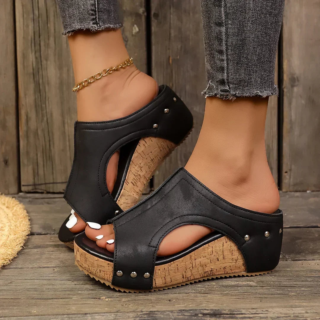 Studded Cut Out Cork Wedge Platform Slide Sandals