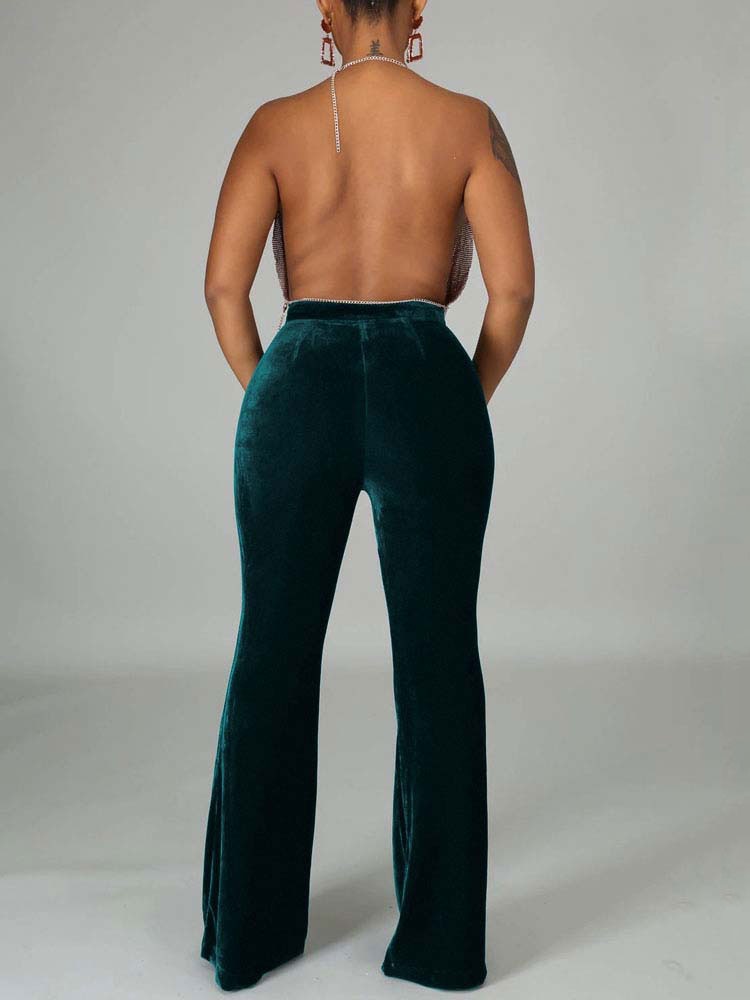 High Waist Velvet Front Seam Flare Leg Bell Bottom Pants 3