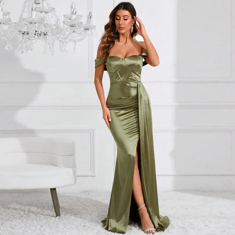 Off Shoulder Satin Mermaid Maxi Dress 7