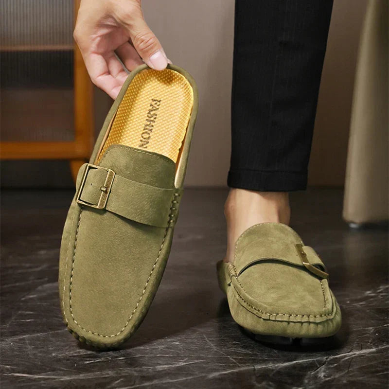 Suede-Look Buckle Backless Loafer Mules