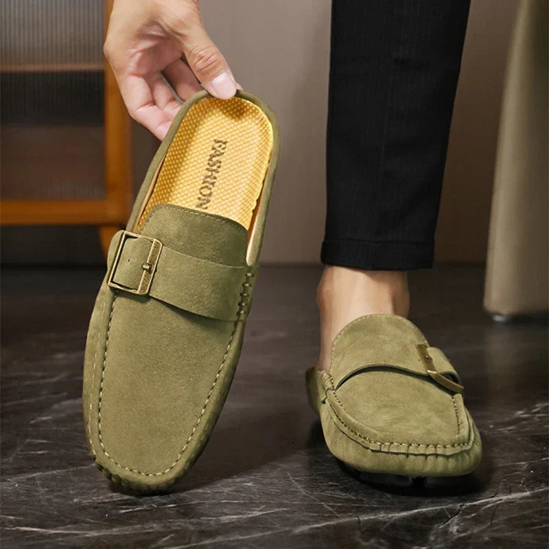 Suede Look Buckle Strap Backless Loafer Mules